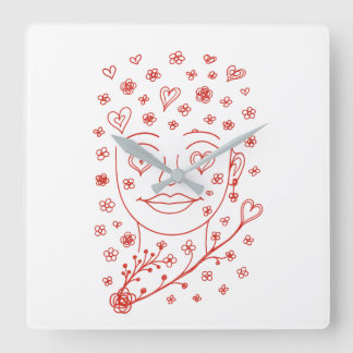 Hand-Drawn Romantic Line Art Face with Hearts and  Quadratische Wanduhr