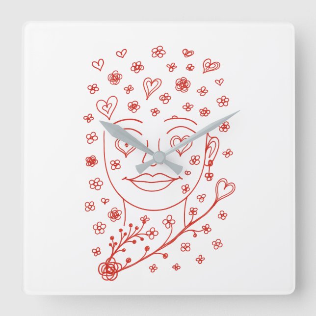 Hand-Drawn Romantic Line Art Face with Hearts and  Quadratische Wanduhr (Vorderseite)