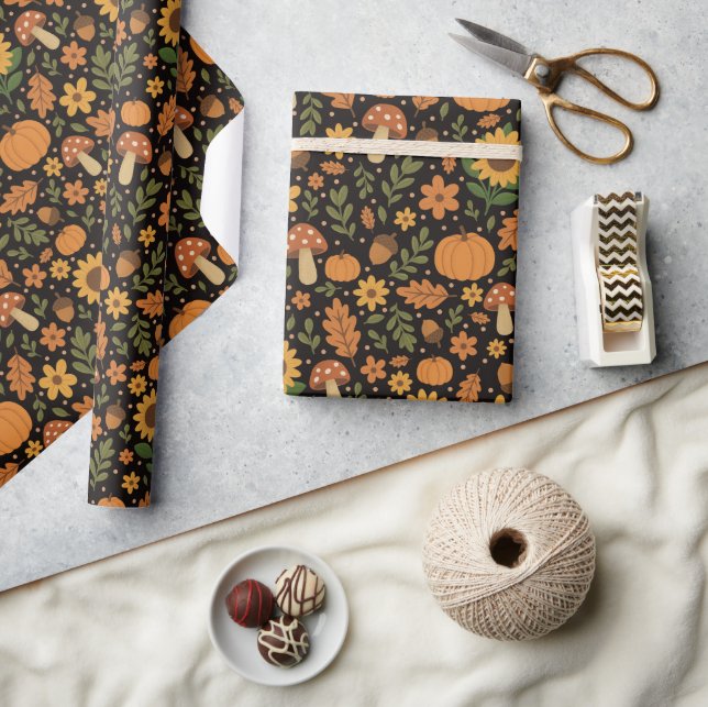 Hand Drawn Rustic Fall Pattern Wrapping Paper Roll Geschenkpapier (Kunsthandwerk)