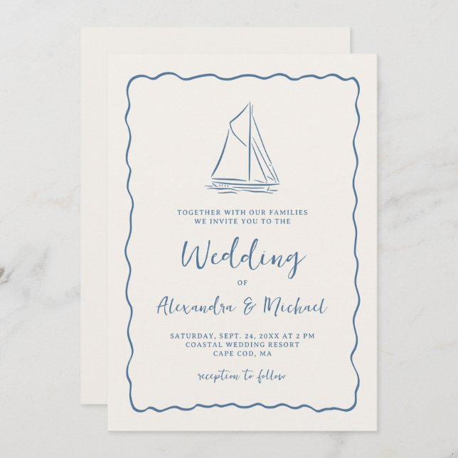 Hand Drawn Sailboat Blue Ivory Nautical Wedding Einladung (Vorne/Hinten)