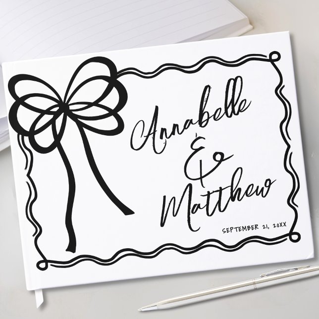 Hand Drawn Schwarz-weiß Bow Wedding Gästebuch (Hand Drawn Black White Bow Wedding Guest Book)
