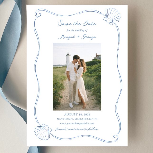 Hand Drawn Seashell Simple Blue Coastal Wedding Save The Date (Von Creator hochgeladen)