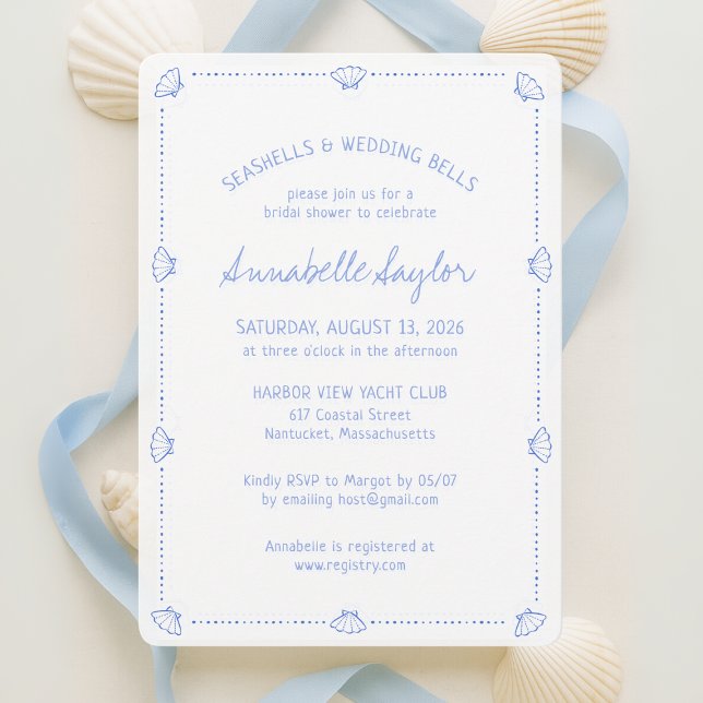Hand Drawn Seashells & Wedding Bells Bridal Shower Einladung (Von Creator hochgeladen)