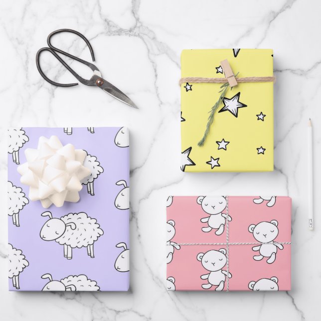 HAND DRAWN SHEEP STAR UND TEDDY BEAR GIFT WRAP GESCHENKPAPIER SET (Vorderseite)