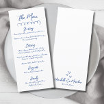Hand Drawn Simple Blue Whimsical Wedding Menükarte<br><div class="desc">Einfache, europäische Inspirierte Speisekarte zum Hochzeitsessen. Diese minimalistische Hochzeitskarte behalte das Design sauber und schlicht, lasse das handgeschriebene Skript. Eine einfache Squiggle-Linie an der Spitze verleiht einen subtilen Akzent, während die Erholung der Vorderseite Ihre Menüdetails in einer eleganten Mischung aus Skript- und Serif-Schriftart zeigt und so ein zeitloses und raffiniertes...</div>