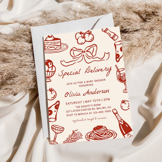 Hand Drawn Special Delivery Pizza Baby Shower Einladung (Von Creator hochgeladen)