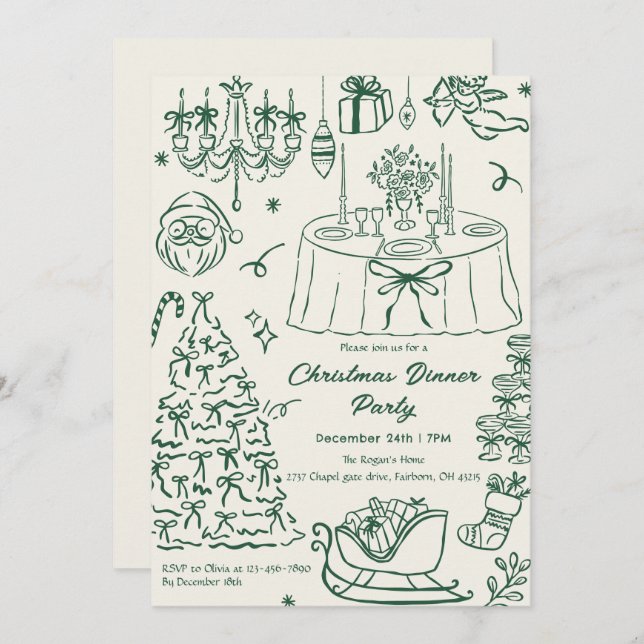 Hand Drawn Squiggle Doodles Christmas Party Invita Einladung (Vorne/Hinten)