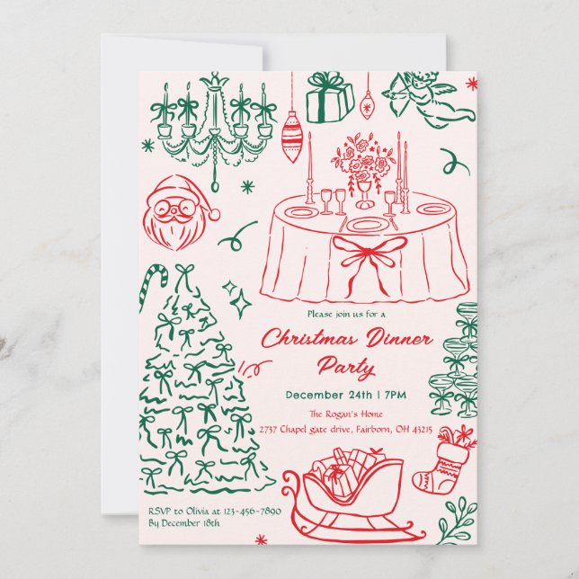 Hand Drawn Squiggle Doodles Christmas Party Invita Einladung (Vorderseite)