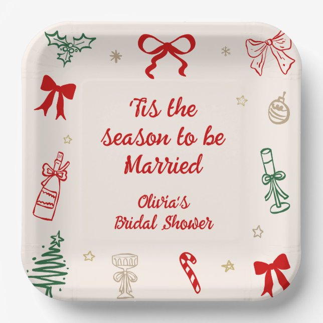 Hand Drawn Tis the Season Christmas Bridal Shower  Pappteller (Vorderseite)