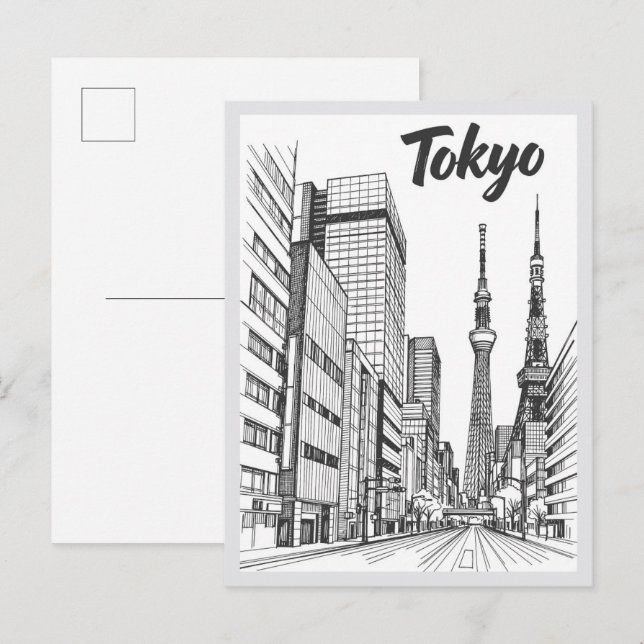 Hand drawn Tokyo Street Scene Landmark Postkarte (Vorne/Hinten)