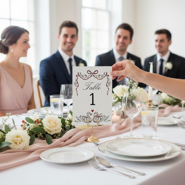 Hand Drawn unique Swans Wedding Table Card Tischnummer (Von Creator hochgeladen)