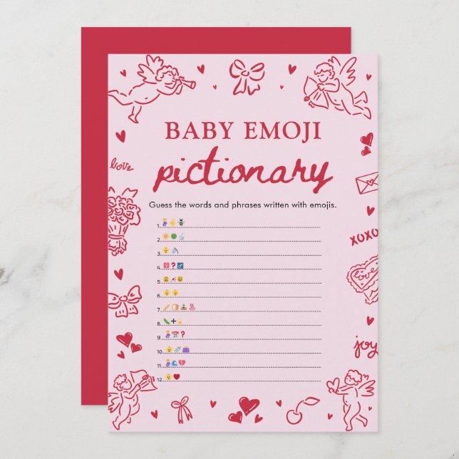 Hand Drawn Valentine Baby Emoji Pictionary Game Einladung (Vorne/Hinten)
