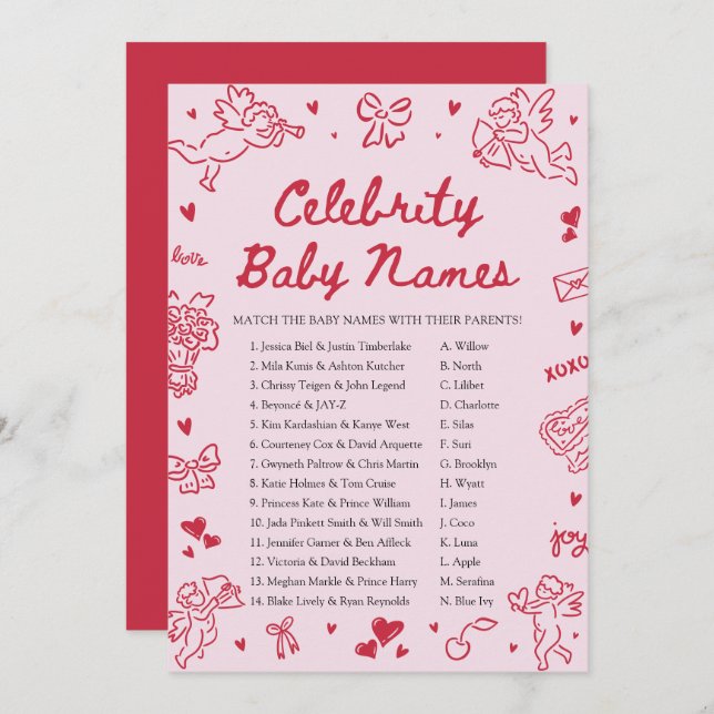 Hand Drawn Valentine Celebrity Baby Name Game Einladung (Vorne/Hinten)