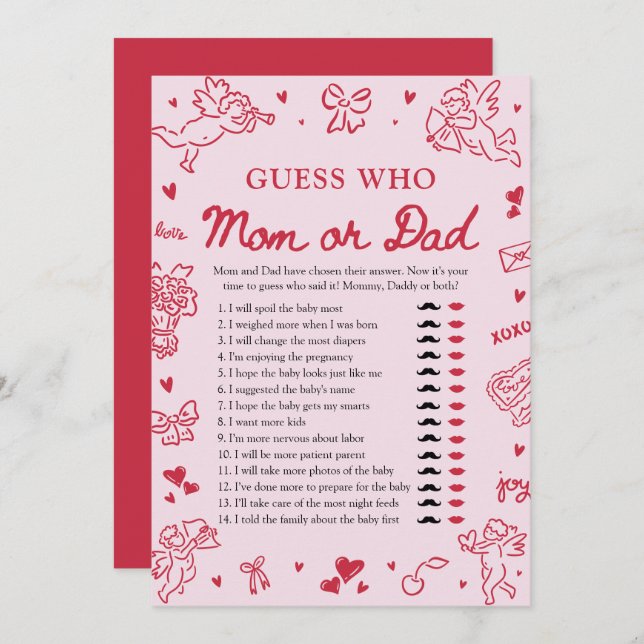 Hand Drawn Valentine Guess Who Mom or Dad Game Einladung (Vorne/Hinten)