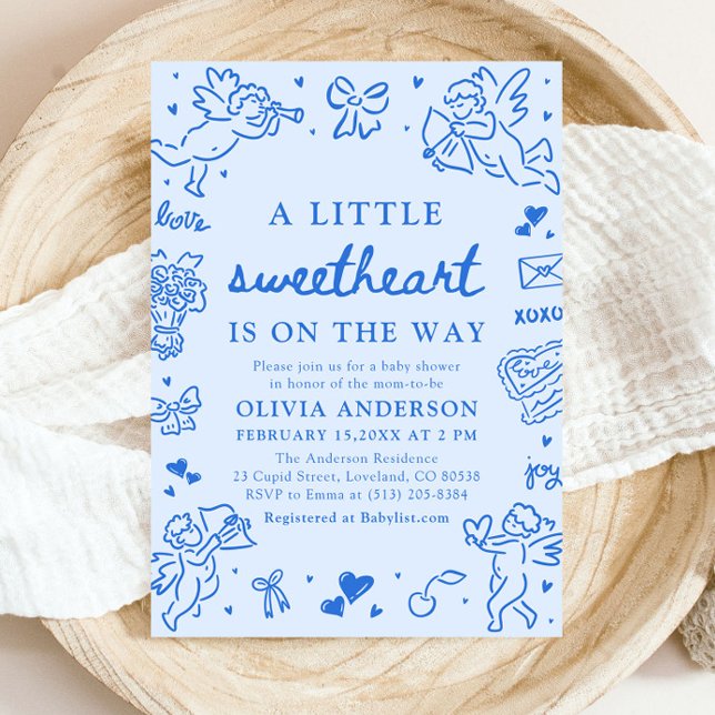Hand Drawn Valentine Little Sweetheart Baby Shower Einladung (Blue Hand Drawn Valentine Little Sweetheart Baby Shower Invitation)