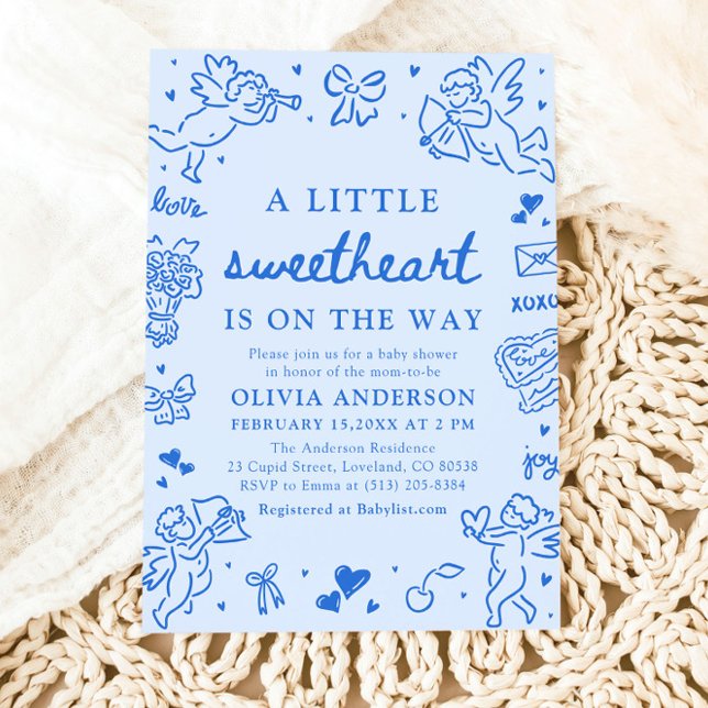 Hand Drawn Valentine Little Sweetheart Baby Shower Einladung (Blue Hand Drawn Valentine Little Sweetheart Baby Shower Invitation)