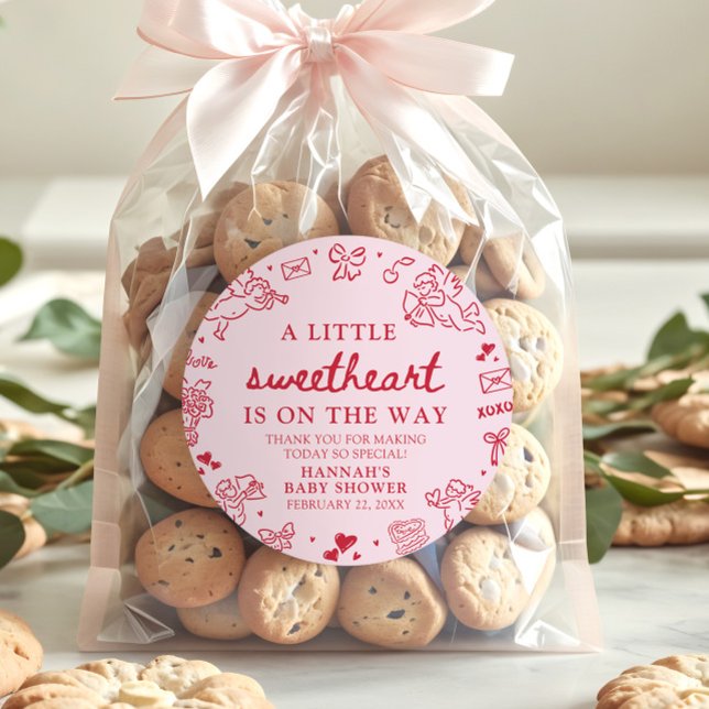 Hand Drawn Valentine Little Sweetheart Baby Shower Runder Aufkleber (Hand Drawn Valentine Little Sweetheart Baby Shower Classic Round Sticker)