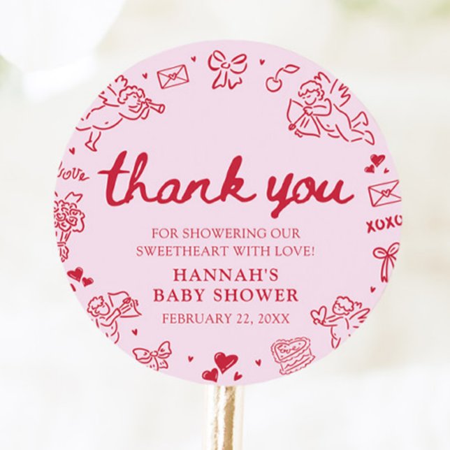 Hand Drawn Valentine Little Sweetheart Baby Shower Runder Aufkleber (Hand Drawn Valentine Little Sweetheart Baby Shower Classic Round Sticker)