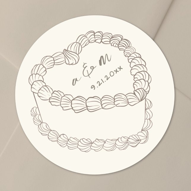 Hand Drawn Vintage Cake Wedding Runder Aufkleber (Hand Drawn Vintage Cake Wedding Classic Round Sticker)