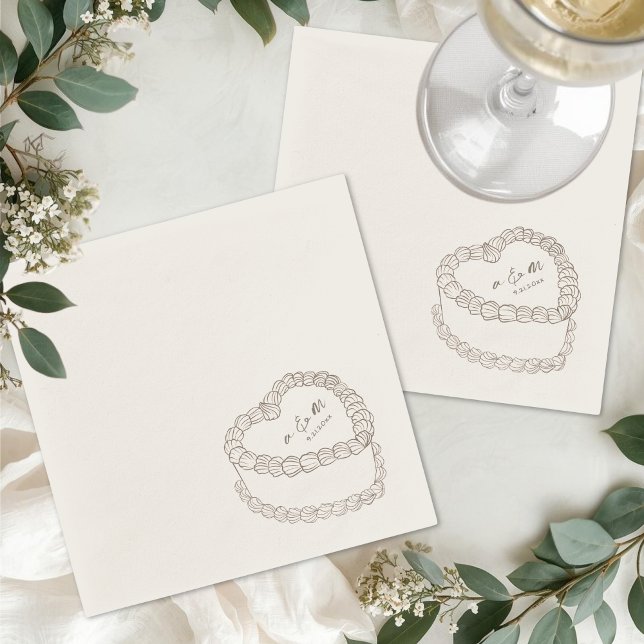 Hand Drawn Vintage Cake Whimsical Wedding Serviette (Hand Drawn Vintage Cake Whimsical Wedding Napkins)