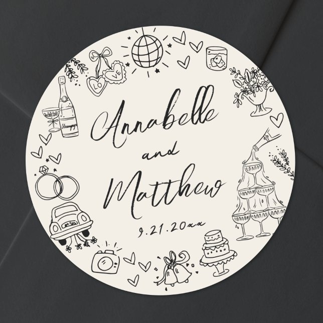 Hand Drawn Vintage Whimsical Wedding Runder Aufkleber (Hand Drawn Vintage Whimsical Wedding Classic Round Sticker)