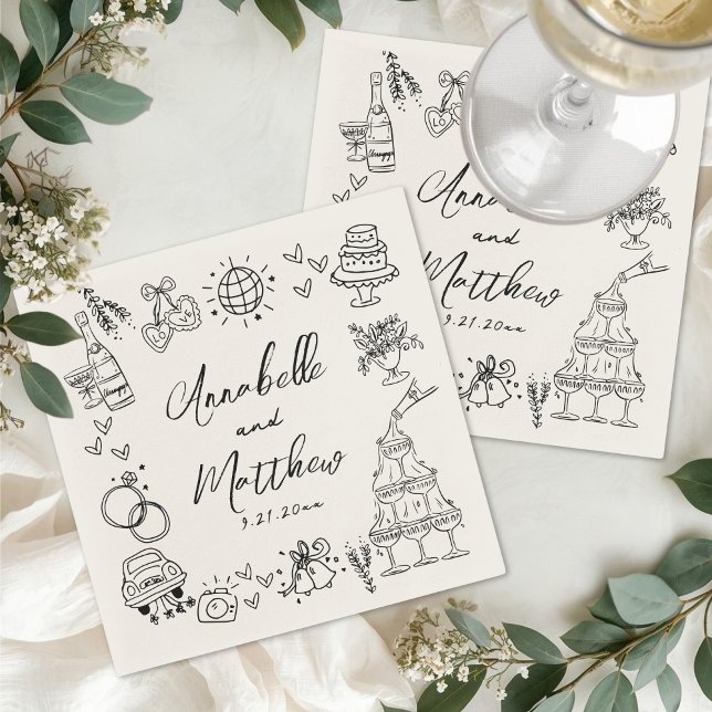 Hand Drawn Vintage Whimsical Wedding Serviette (Hand Drawn Vintage Whimsical Wedding Napkins )