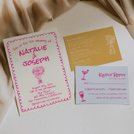 Hand Drawn Vivid Pink Retro Funky Quirky Wedding Einladung