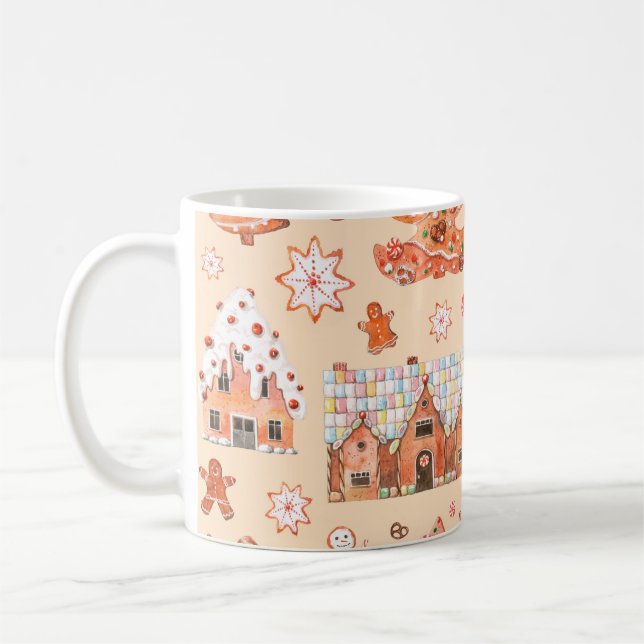 Hand drawn watercolour seamless pattern of gingerb kaffeetasse (Links)