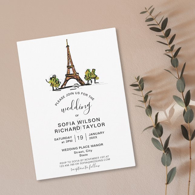 Hand Drawn Wedding Destination Paris Eiffelturm Einladung (paris Eiffel tower hand drawn doodle wedding invitation )