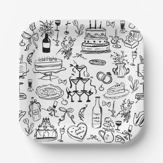 hand drawn wedding marriage champagne fountain pappteller (Vorderseite)