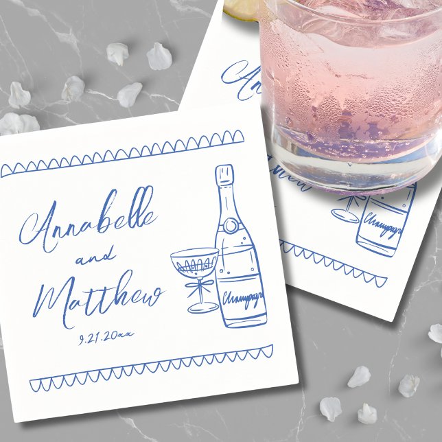 Hand Drawn Whimsical Blue Wedding Serviette (Hand Drawn Whimsical Blue Wedding Napkins)