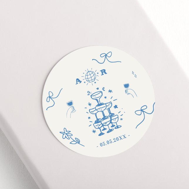 Hand Drawn Whimsical Disco Französisch Hochzeitsmo Runder Aufkleber (Von Creator hochgeladen)