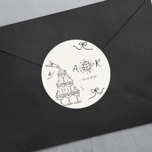 Hand Drawn Whimsical Fun Französisch Hochzeitsmono Runder Aufkleber