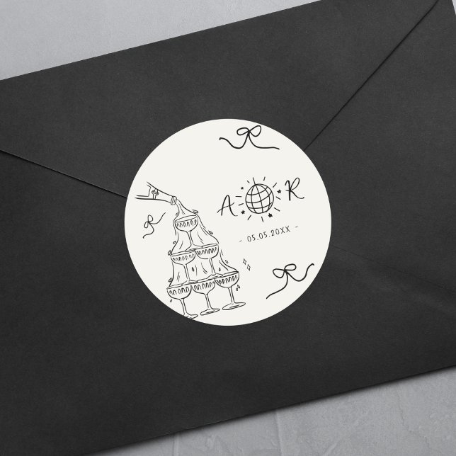 Hand Drawn Whimsical Fun Französisch Hochzeitsmono Runder Aufkleber (Von Creator hochgeladen)