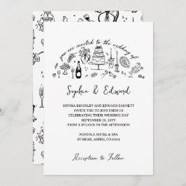 Hand-drawn whimsical line art wedding style einladung