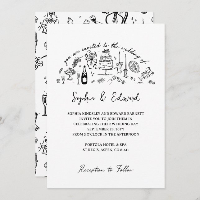 Hand-drawn whimsical line art wedding style einladung (Vorne/Hinten)