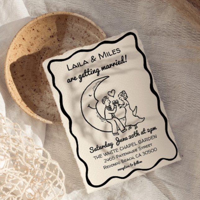 Hand Drawn Whimsical Moon wedding invitation Save The Date (Whimsical Moon Wedding invitation, Modern hand drawn invite)