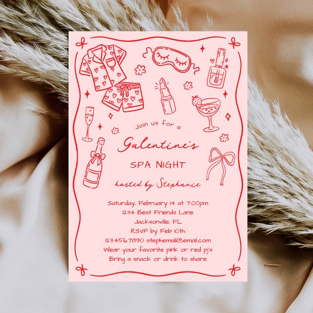 Hand Drawn Whimsical Pink Red Galentines Spa Party Einladung (Von Creator hochgeladen)