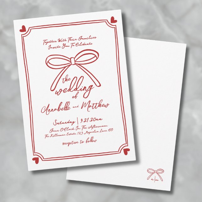 Hand Drawn Whimsical Red Bow Wedding Einladung (Hand Drawn Whimsical Red Bow Wedding Invitation )