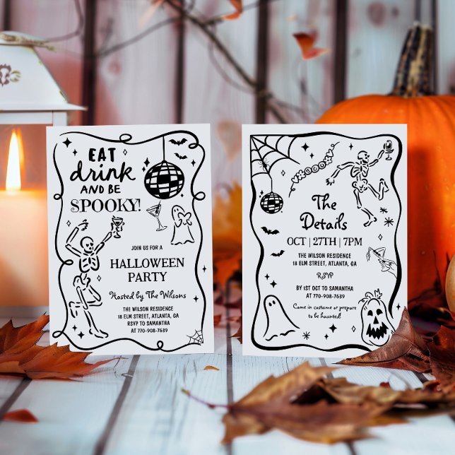 Hand Drawn Whimsical Skeleton Spooky Halloween Einladung (Von Creator hochgeladen)