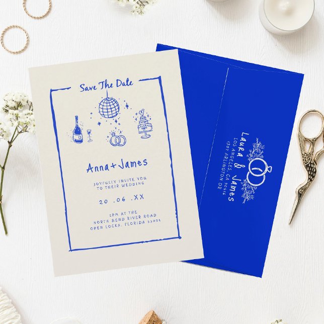  hand drawn whimsical trendy blue funky wedding einladung (Von Creator hochgeladen)
