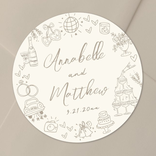 Hand Drawn Whimsical Wedding Runder Aufkleber (Hand Drawn Whimsical Wedding Classic Round Sticker)
