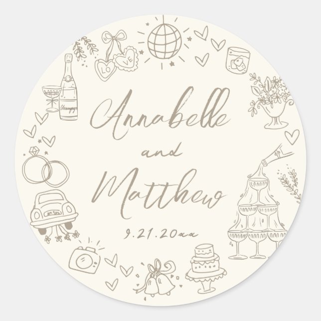 Hand Drawn Whimsical Wedding Runder Aufkleber (Vorderseite)