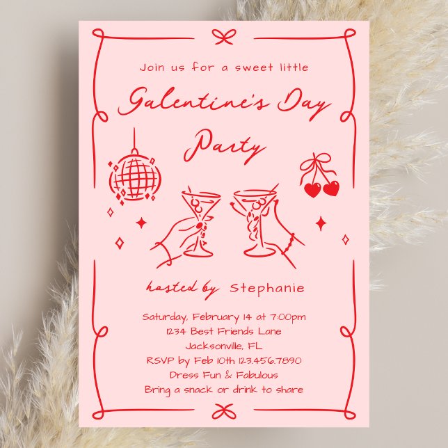 Hand Drawn Whimsy Pink & Red Galentine's Day Party Einladung (Von Creator hochgeladen)