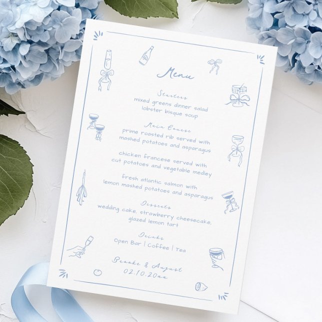 Hand Drawn White and Blue Wedding Menükarte (Von Creator hochgeladen)