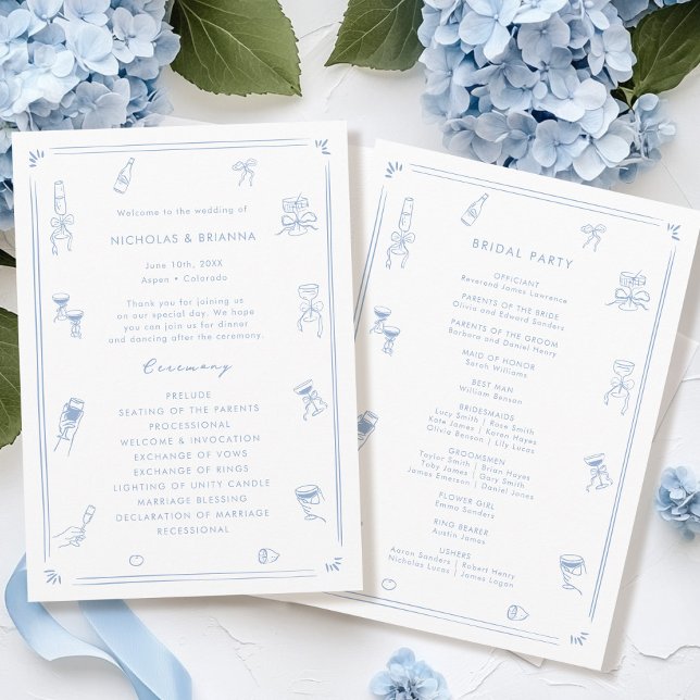 Hand Drawn White and Dusty Blue Wedding Programm (Von Creator hochgeladen)