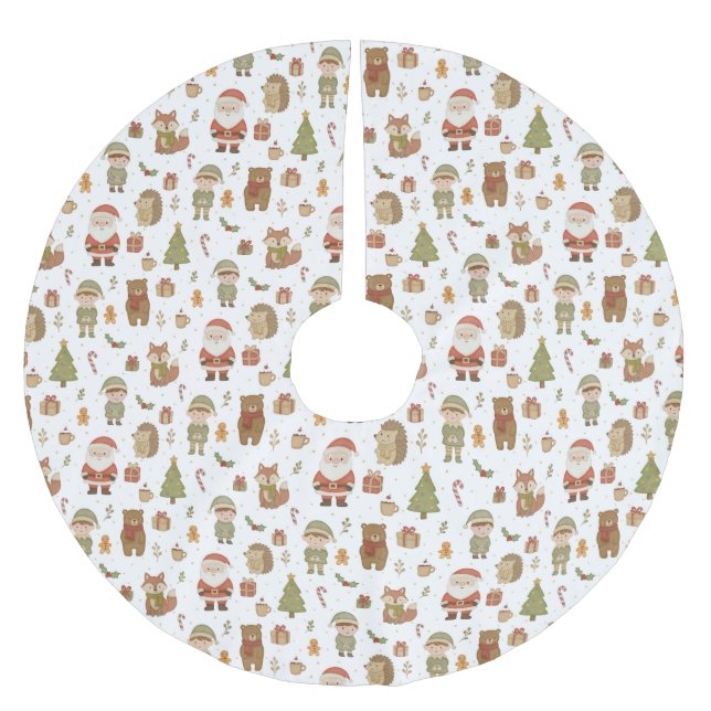 Hand Drawn Woodland Animals Christmas Tree Skirt Polyester Weihnachtsbaumdecke (Vorderseite)