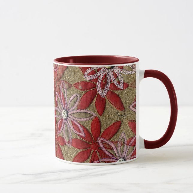 Hand geschnitzte gesteppte rote und rosa Blumen Tasse (Rechts)
