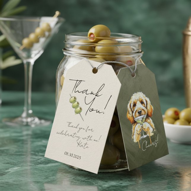 Hand gezeichnet Golden Doodle Dirty Martini Danke Geschenkanhänger (Celebrate the occasion with this custom hand drawn golden doodle martini gift tag!)