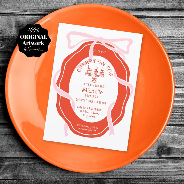 Hand gezeichnet rosa Bow Cherry auf Top Girl Gebur Einladung (Von Creator hochgeladen)